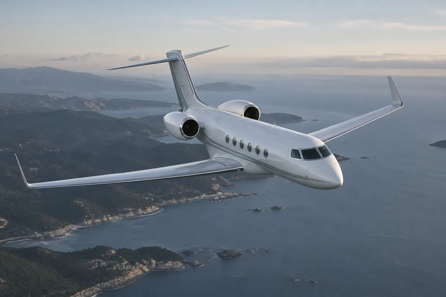 A private jet in flight above a coastline