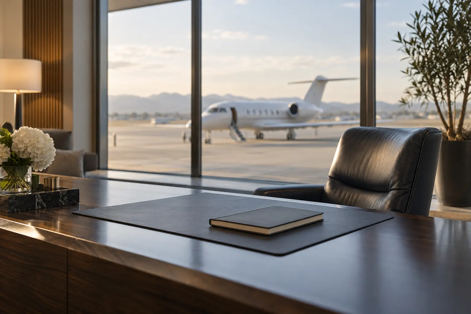 A quiet terminal desk beside a window overlooking an aircraft