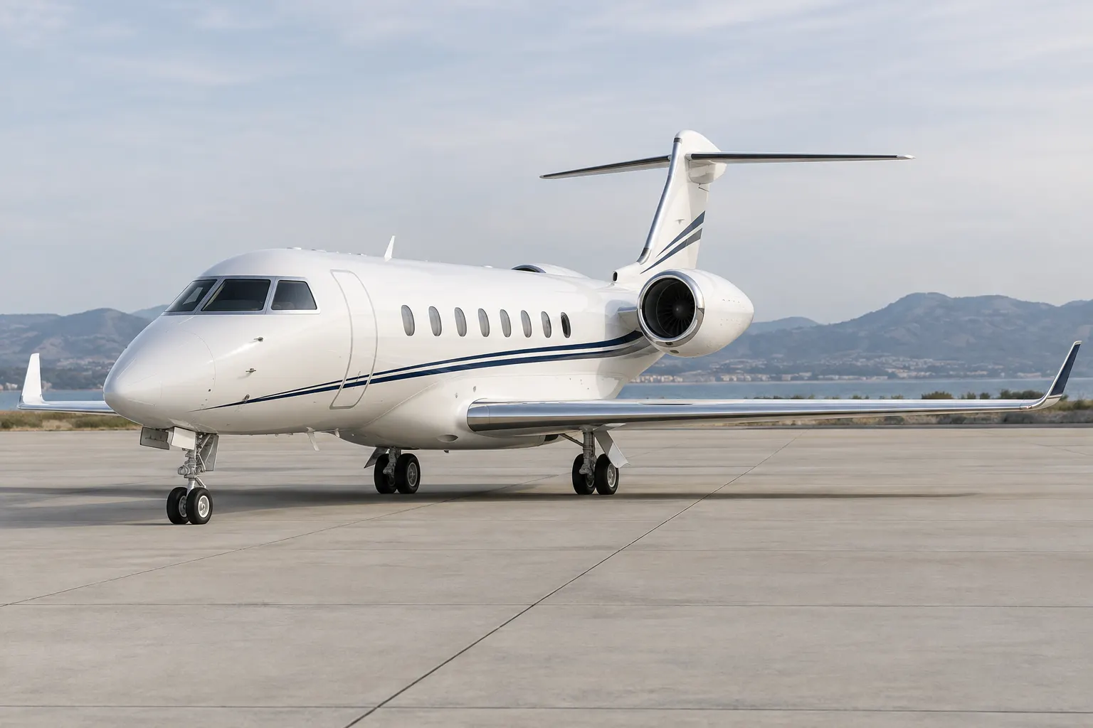 Generated illustration of a super midsize jet on an airport apron.