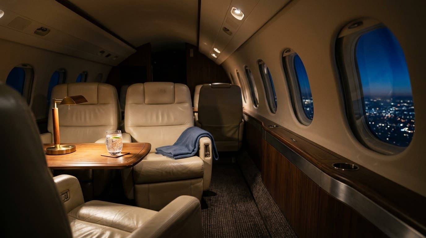 Illustrative image of a private jet cabin at night, with cream leather seats and city lights below the windows.