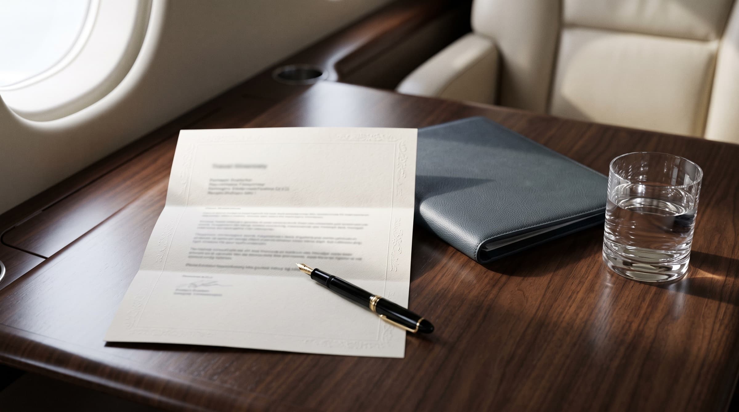 Illustrative image of a cream paper itinerary, a fountain pen and a leather folio on a walnut table by a cabin window.
